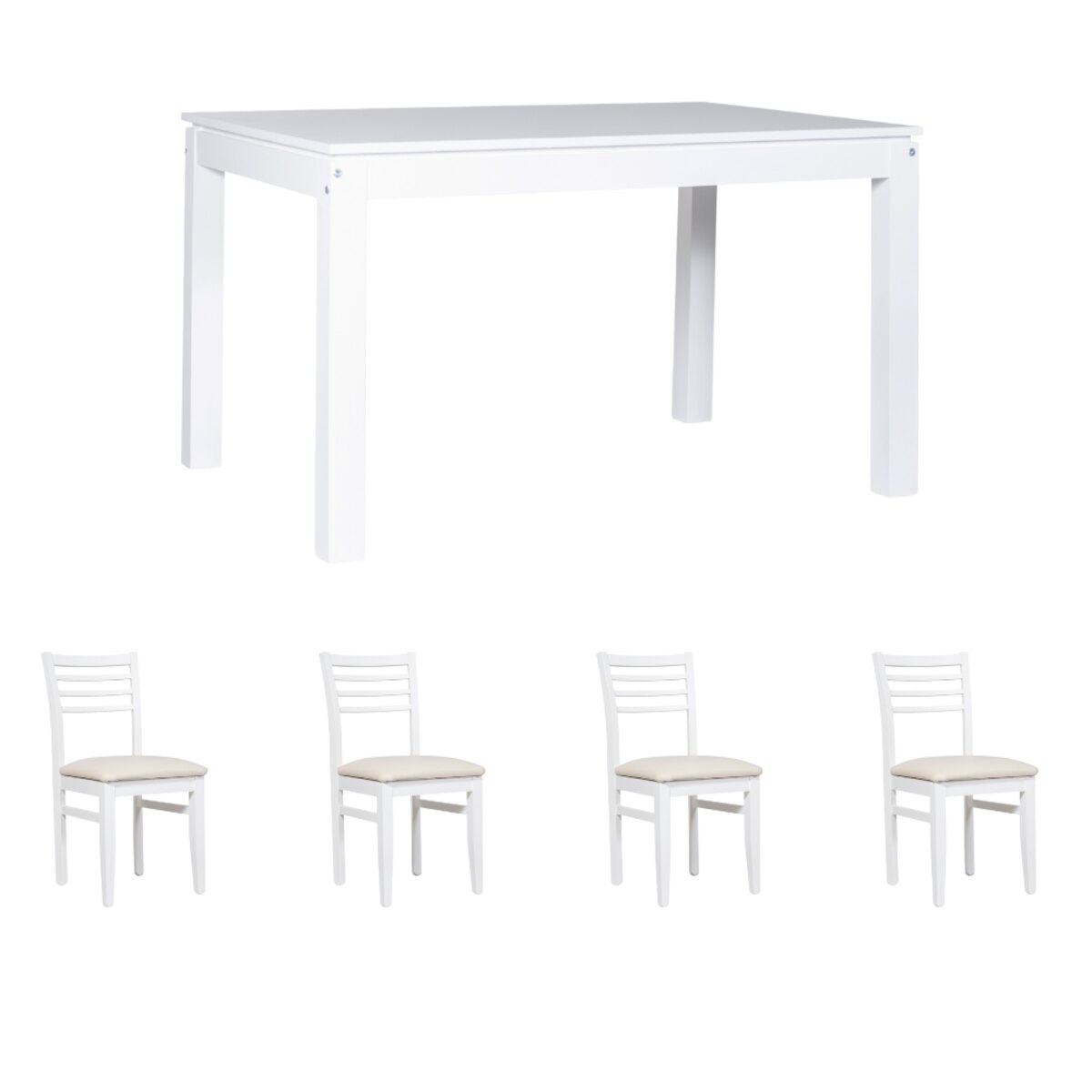 MESA MODERNA 130 BLANCA 4 SILLAS BLANCAS TAPIZ CRUDO