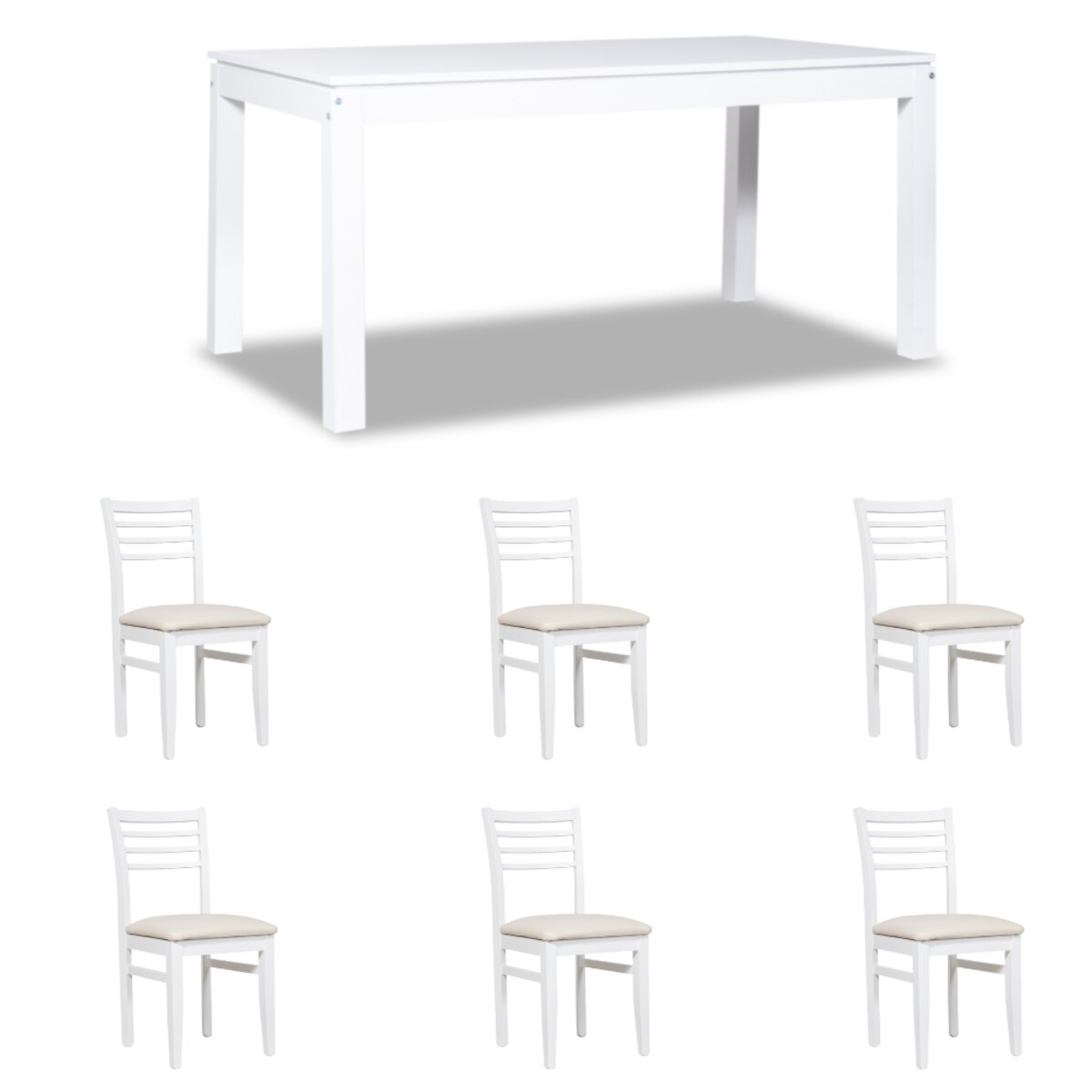 MESA MODERNA 160 BLANCA + 6 SILLAS BLANCASTAPIZ CRUDO
