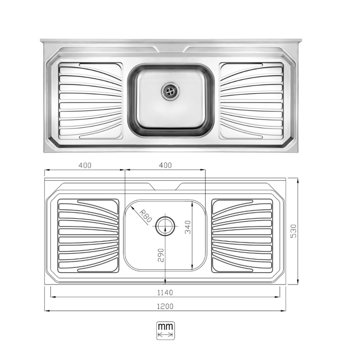 Bacha cocina De Acero Inoxidable 120X53 C/Valvula Plateado-2