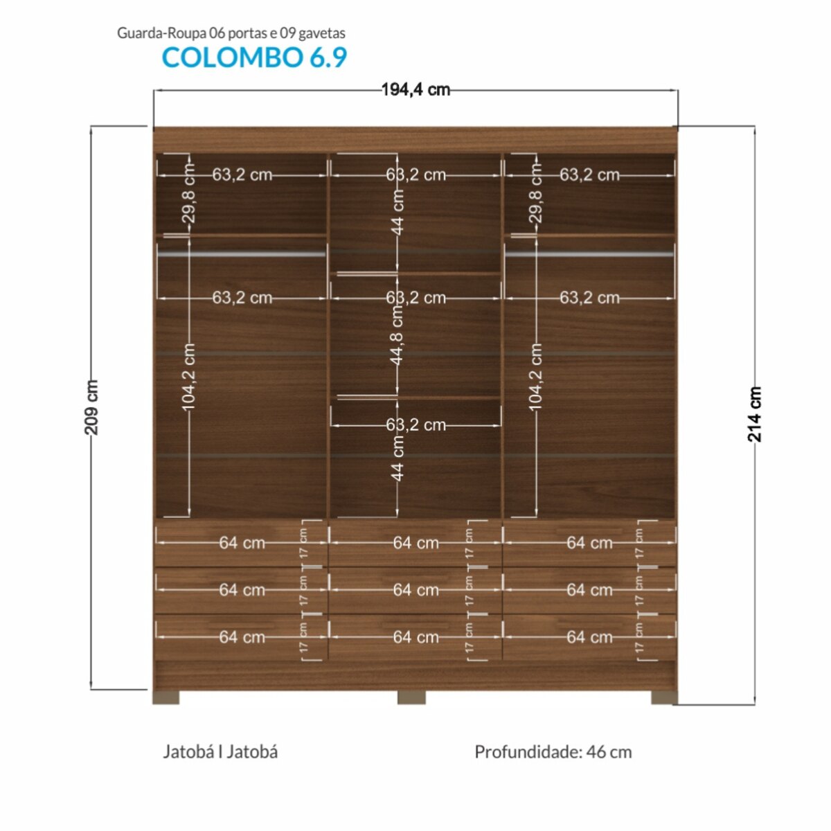 Placard Colombo 6 Puertas 9 Cajones Jatoba - Guías Telescópicas-3
