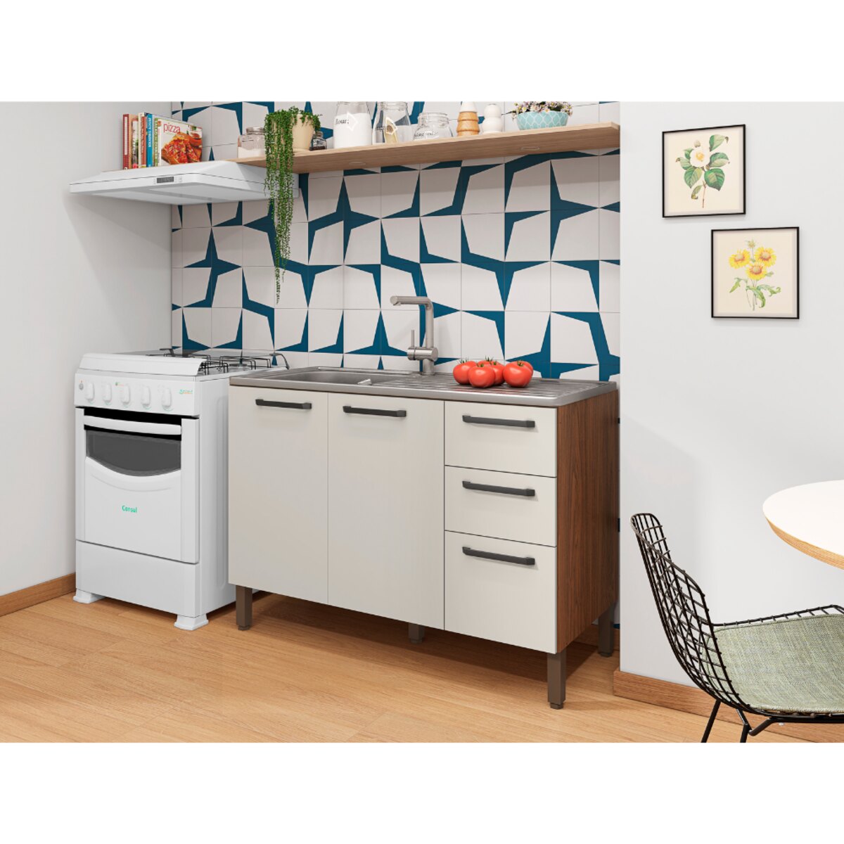 Bajo Mesada Cocina Nuez con Blanco120cm x 85cm 2 puertas 3 cajones-4