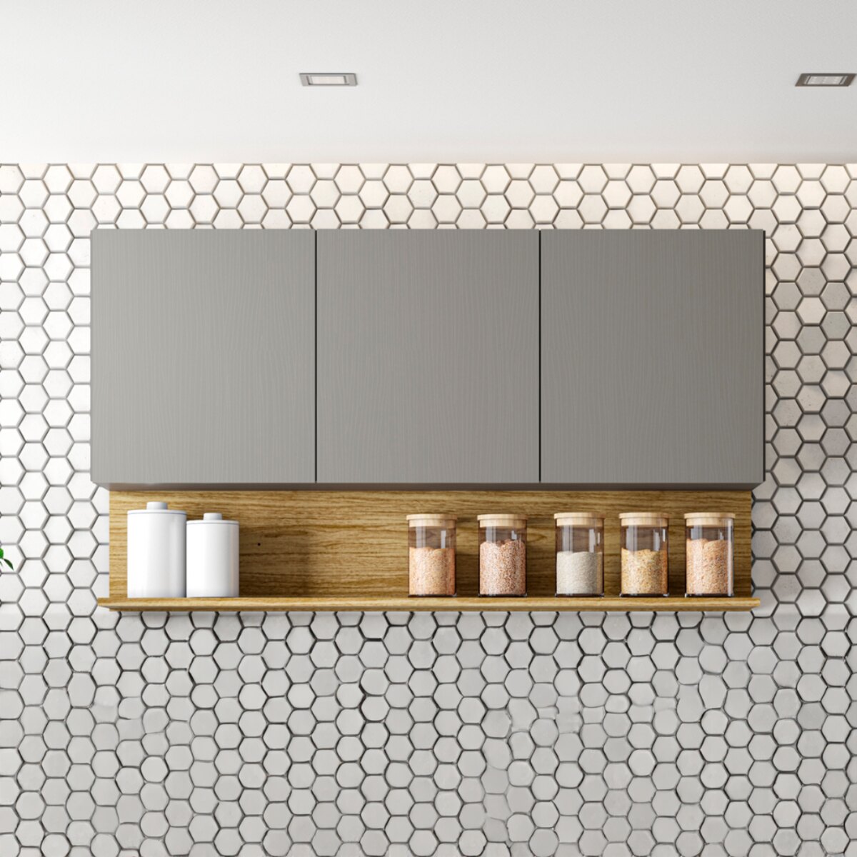 Alacena Cocina 3 Puertas + Estante 120cm Gris Organizador-3