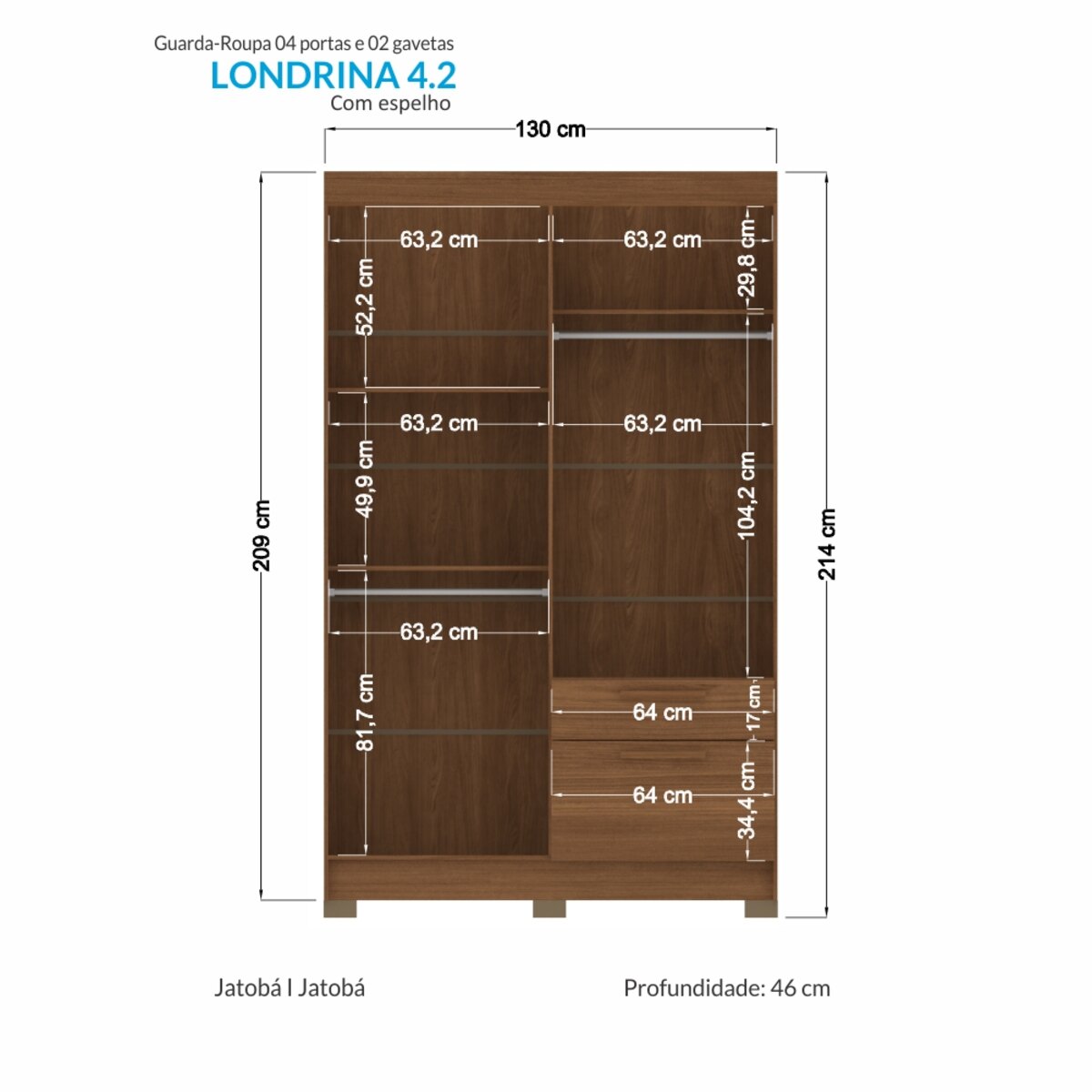 Placard Ropero Londrina 4 Puertas 2 Cajones Jatoba 4.2 MDP-3
