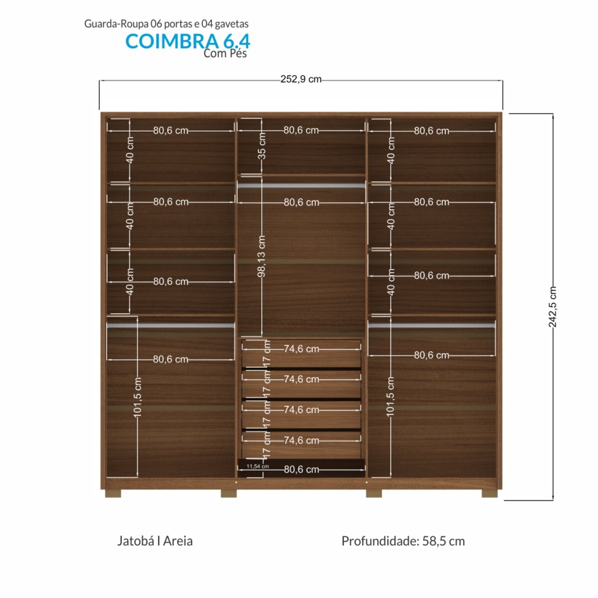 Placard Coimbra 6 Puertas 4 Cajones Jatoba Arena C/ Pies-4