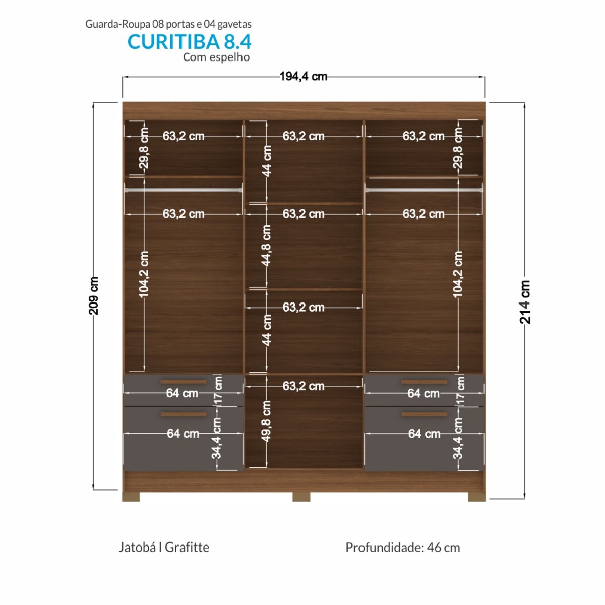 Placard Curitiba 8 Puertas 4 Cajones Jatoba Arena C/ Pies 8.4-2