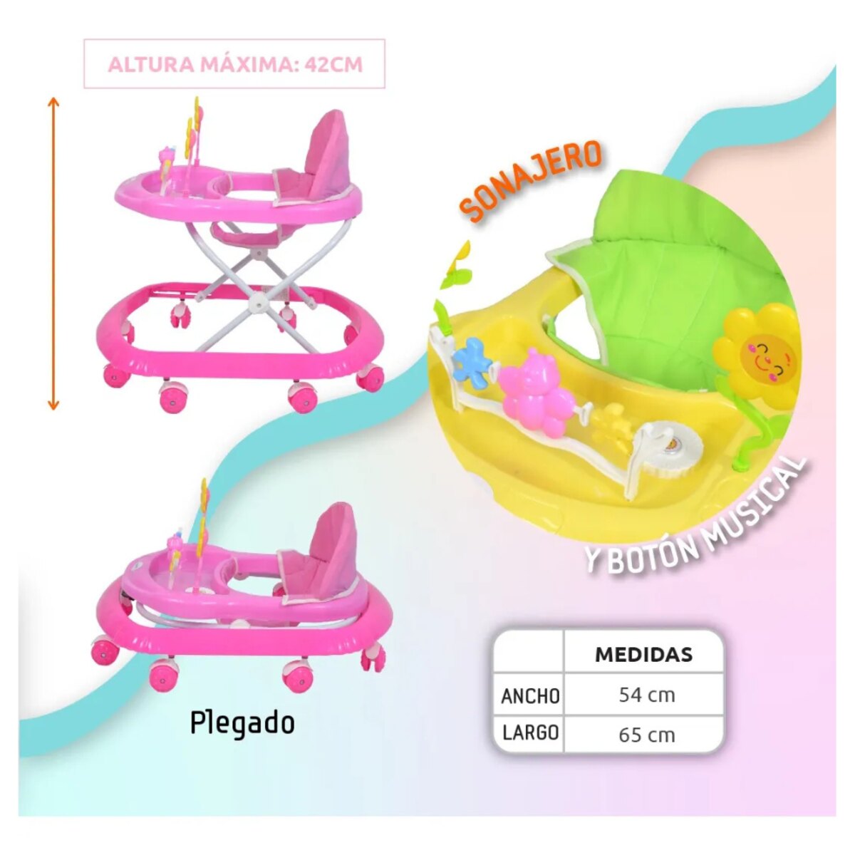 Andador Bipo Musical Bebé 4 Alturas Plegable Seguro-1