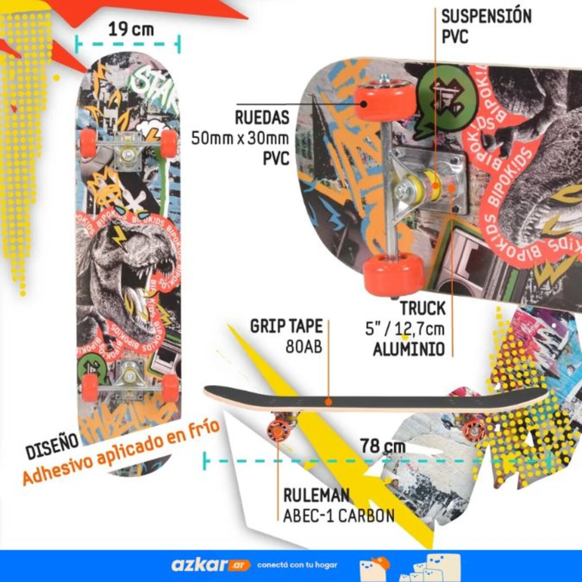 Patineta 80cm Set De Protecciones Bipokids Dinosaurio-3