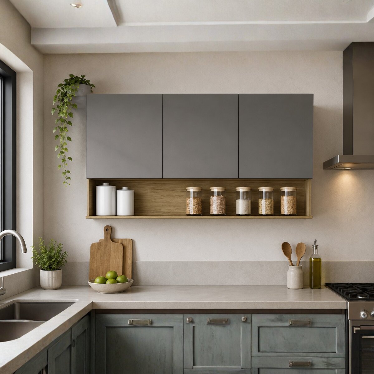 Alacena Cocina 3 Puertas + Estante 120cm Gris Organizador-1