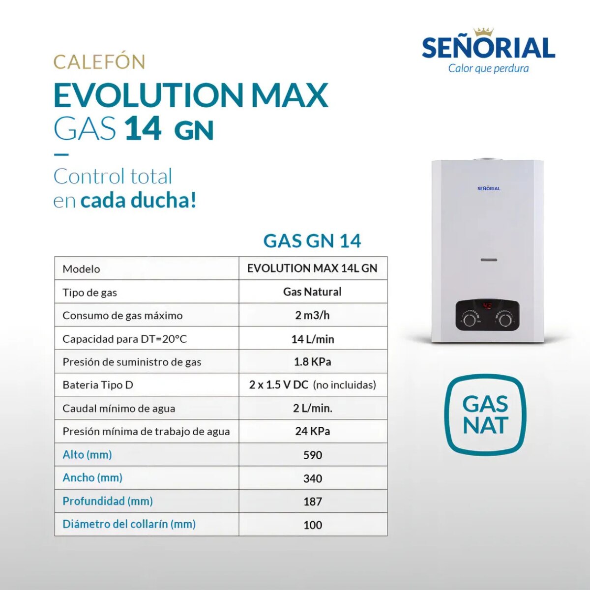 Calefón Señorial Evolution Max C-14GN 14L Gas Natural Blanco-3