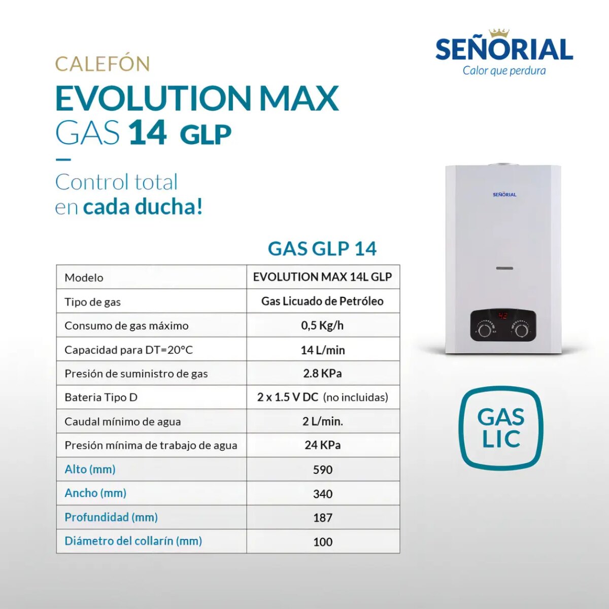 Calefón Señorial Evolution Max C-14GE 14L Gas Licuado Blanco-1
