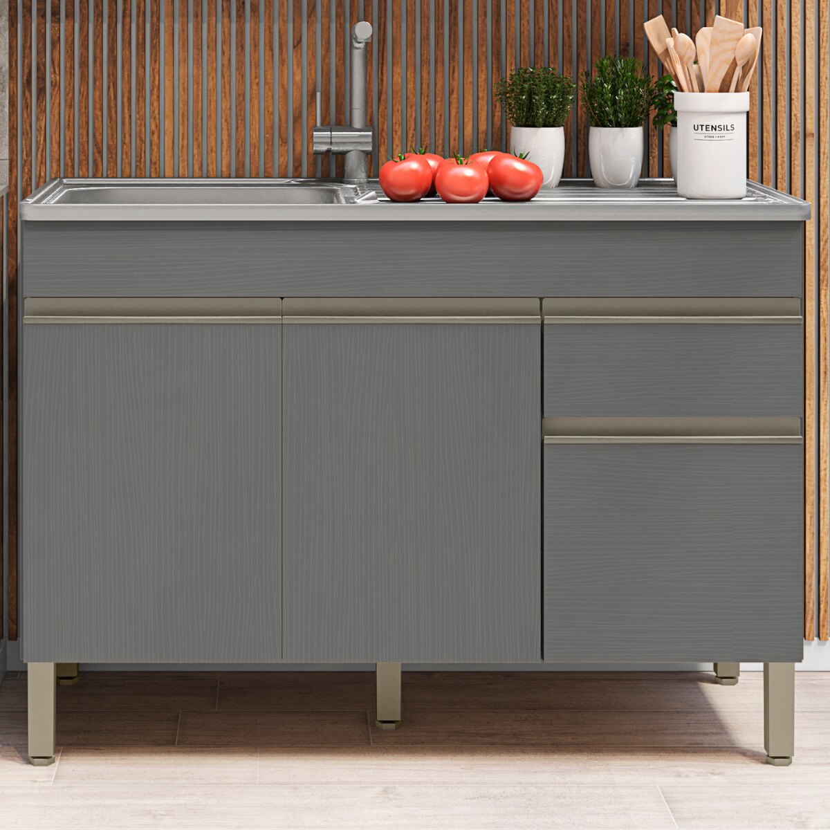 Bajo Mesada Cocina 3 Puertas + Cajón 120x85cm Gris- MDP-2